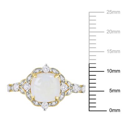 Opal and White Sapphire with Diamond Accent Halo Vintage Design Ring 10K Yellow Gold