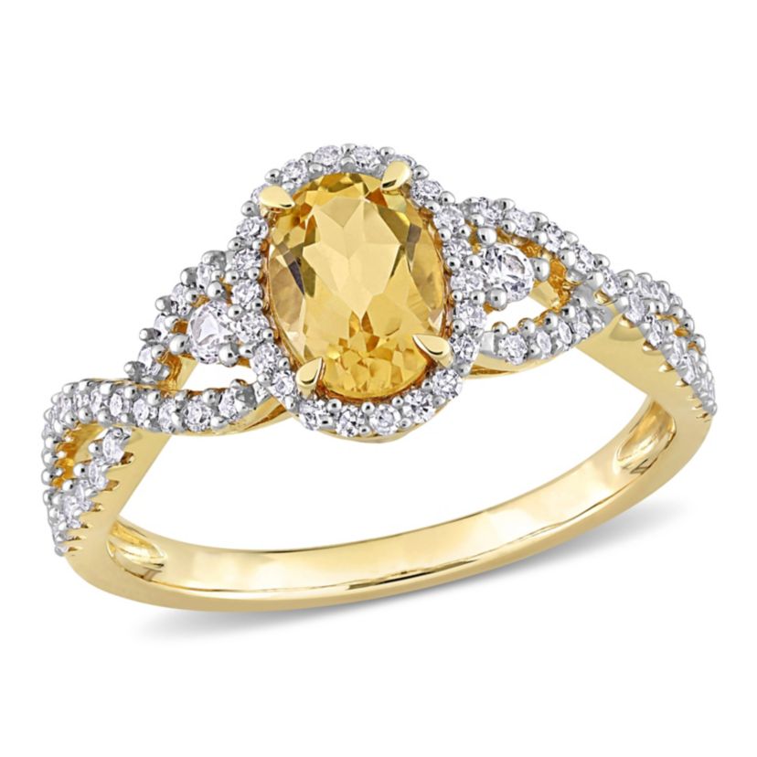 Citrine and White Sapphire with 1/3 ct. t.w. Diamond Halo Ring in 10K Yellow Gold