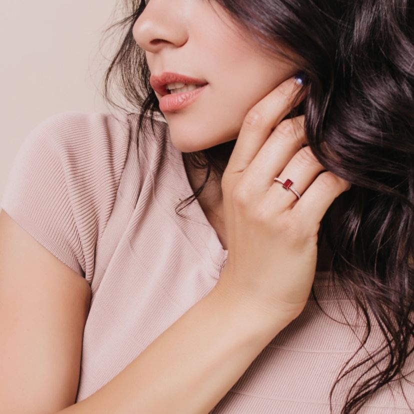 Garnet and 1/10 ct. t.w. Diamond Promise Ring in 10K Rose Gold