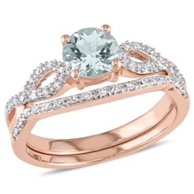 Belk & Co Aquamarine and 1/7 ct. t.w. Diamond Bridal Ring Set in 10K Rose Gold, Pink, 6