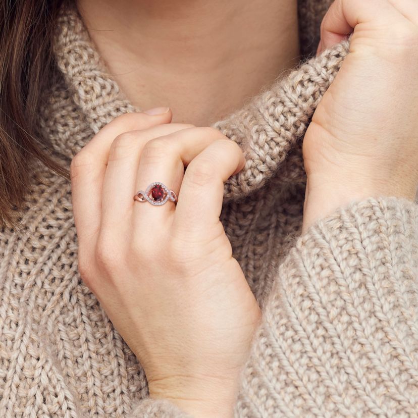 Garnet and 1/6 ct. t.w. Diamond Halo Ring in 10K Rose Gold
