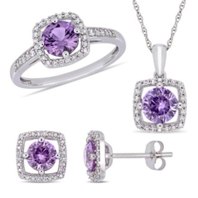 Belk & Co Lab Created 3-Pc Set of Simulated Alexandrite and 1/3 ct. t.w. Diamond Halo Ring, Earrings and Pendant with Chain in 10K White Gold, 9 -  0620400327059