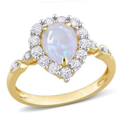 Belk & Co Lab Created Opal and White Sapphire with Diamond Accent Halo Ring in 10K Yellow Gold