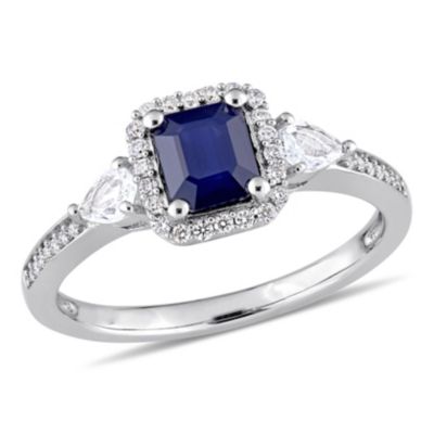 Belk & Co Blue and White Sapphire and 1/6 ct. t.w. Diamond Halo 3-Stone Ring in 14K White Gold