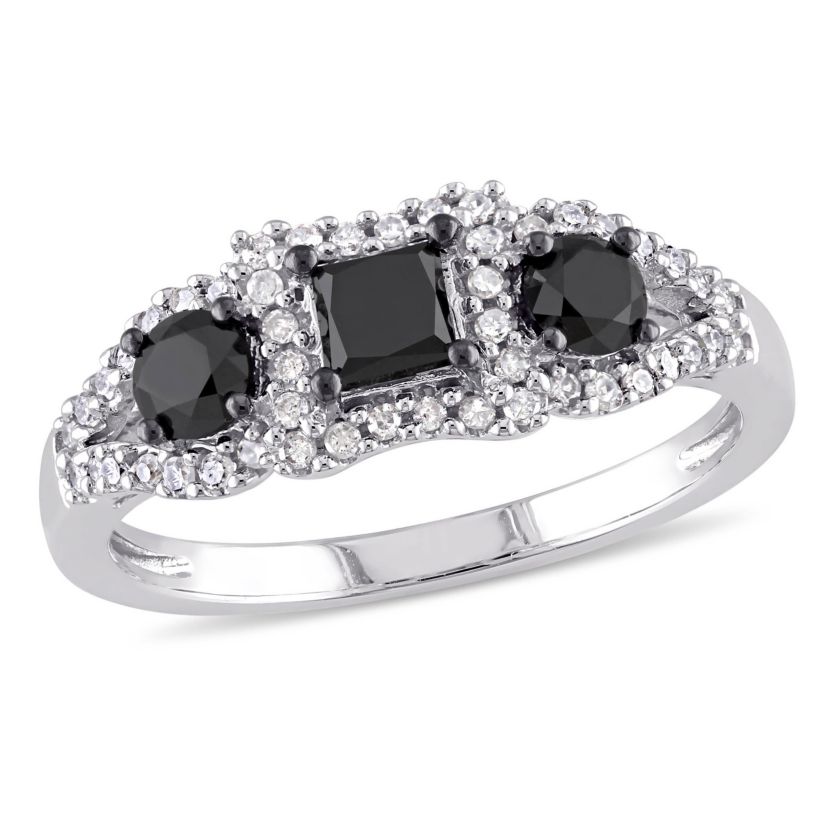 1 ct. t.w. Black and White Diamond 3-Stone Engagement Ring in 10K White Gold