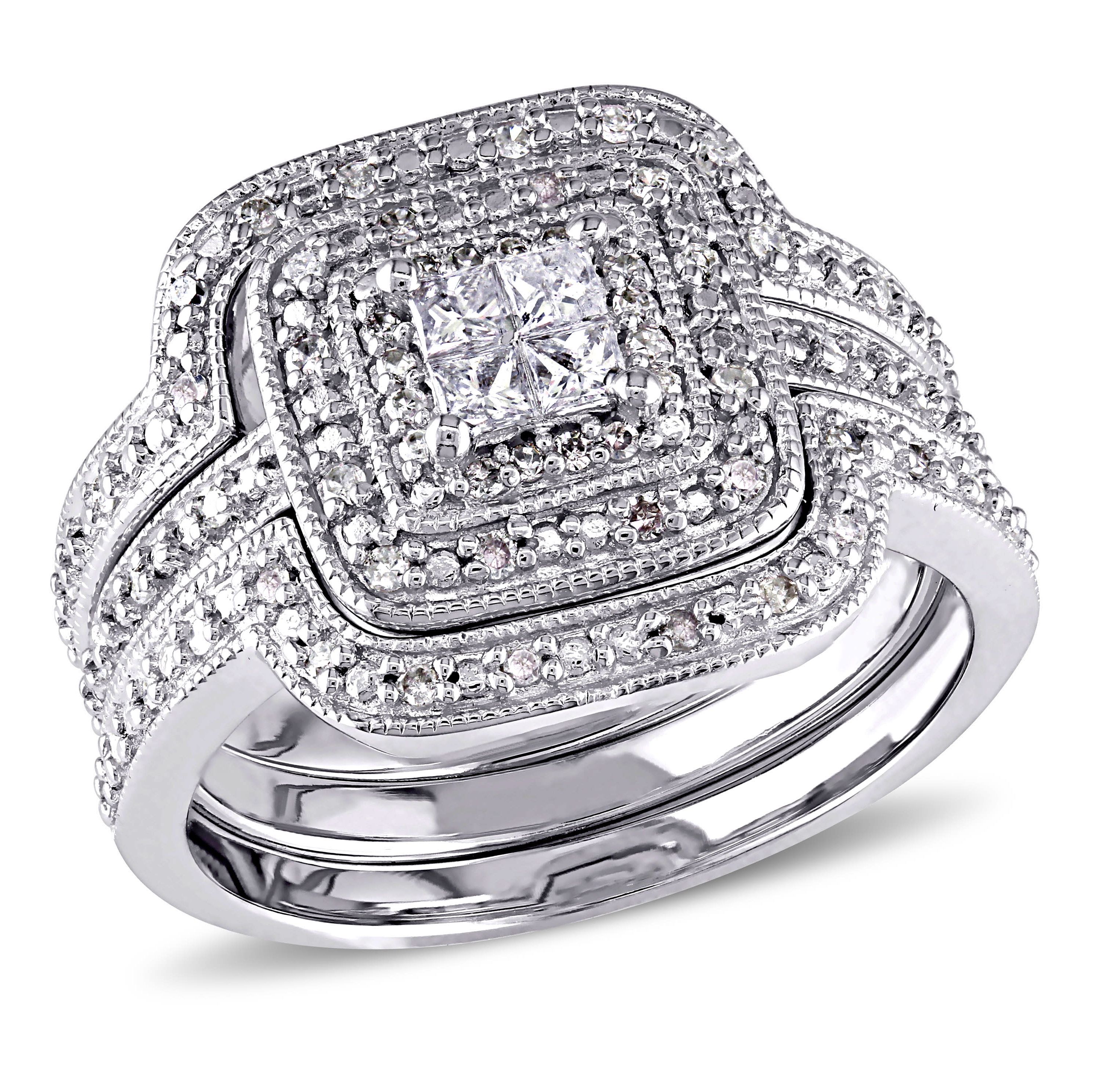 3/8 ct. t.w. Diamond Quad Halo Bridal Ring Set in Sterling Silver
