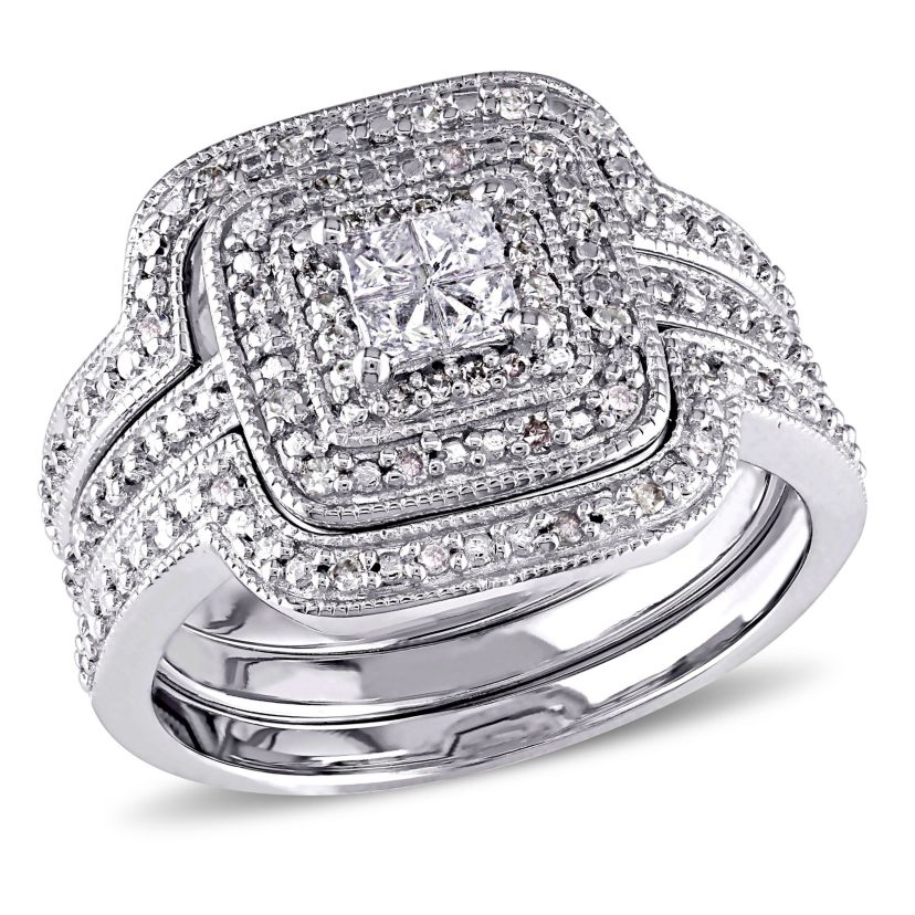 3/8 ct. t.w. Diamond Quad Halo Bridal Ring Set in Sterling Silver