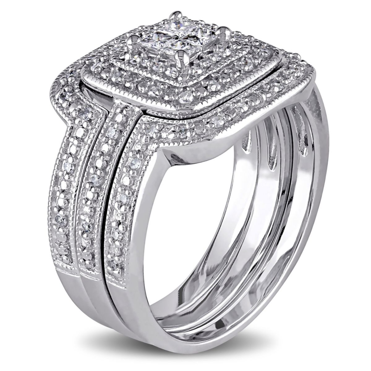 3/8 ct. t.w. Diamond Quad Halo Bridal Ring Set in Sterling Silver