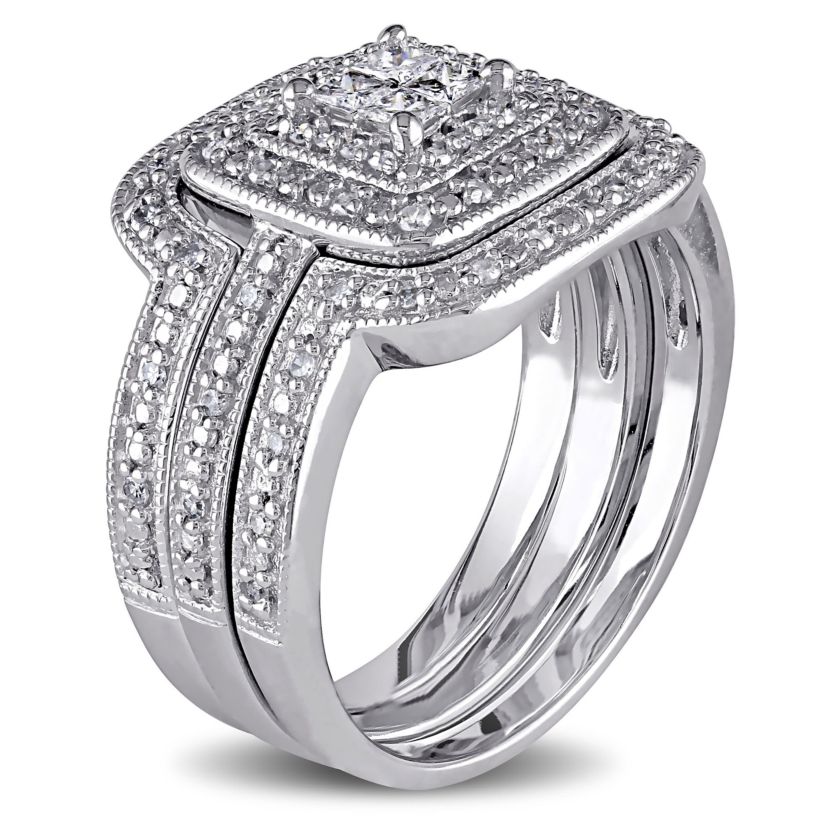 3/8 ct. t.w. Diamond Quad Halo Bridal Ring Set in Sterling Silver