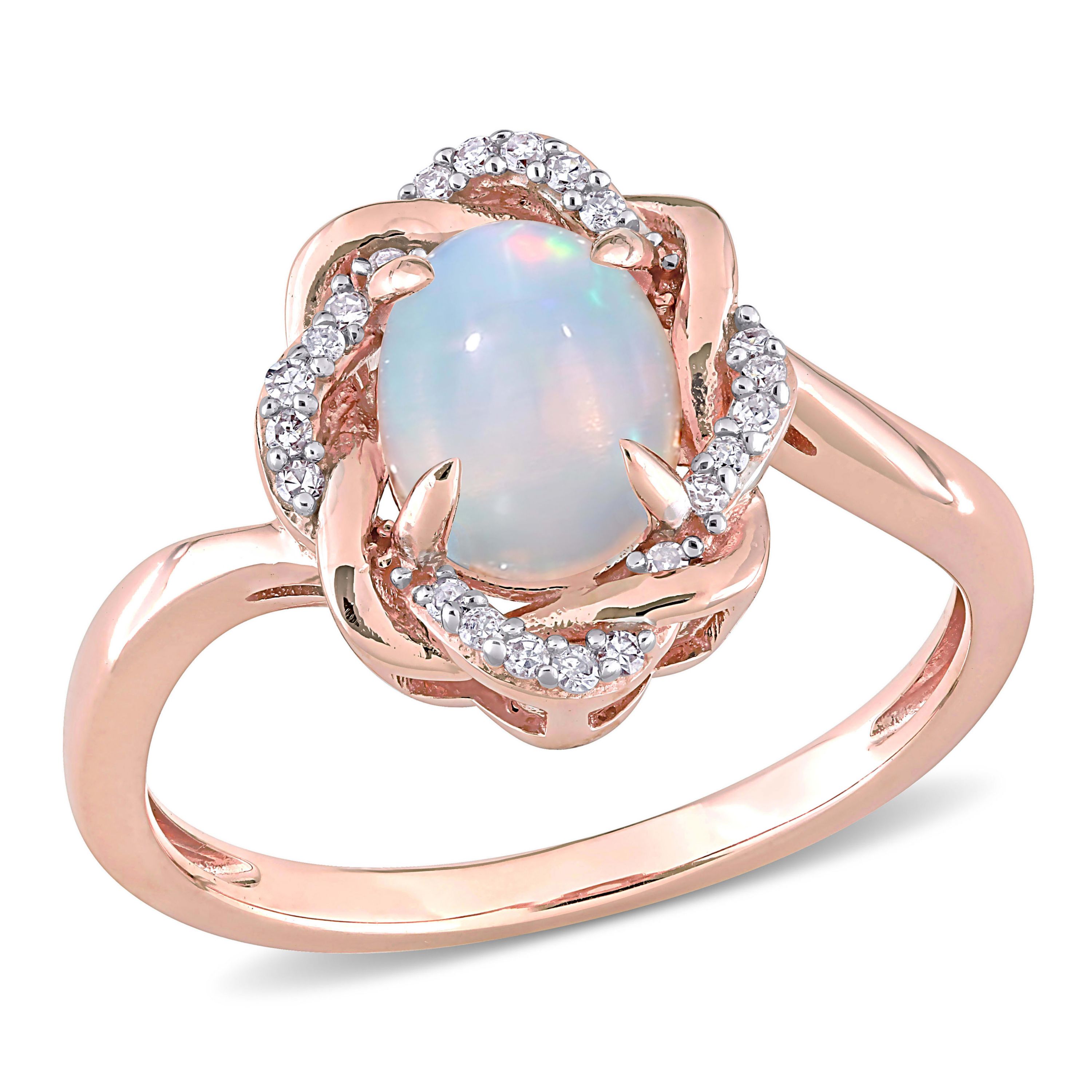 Ethiopian Blue Opal and Diamond Accent Interlaced Halo Ring 10K Rose Gold