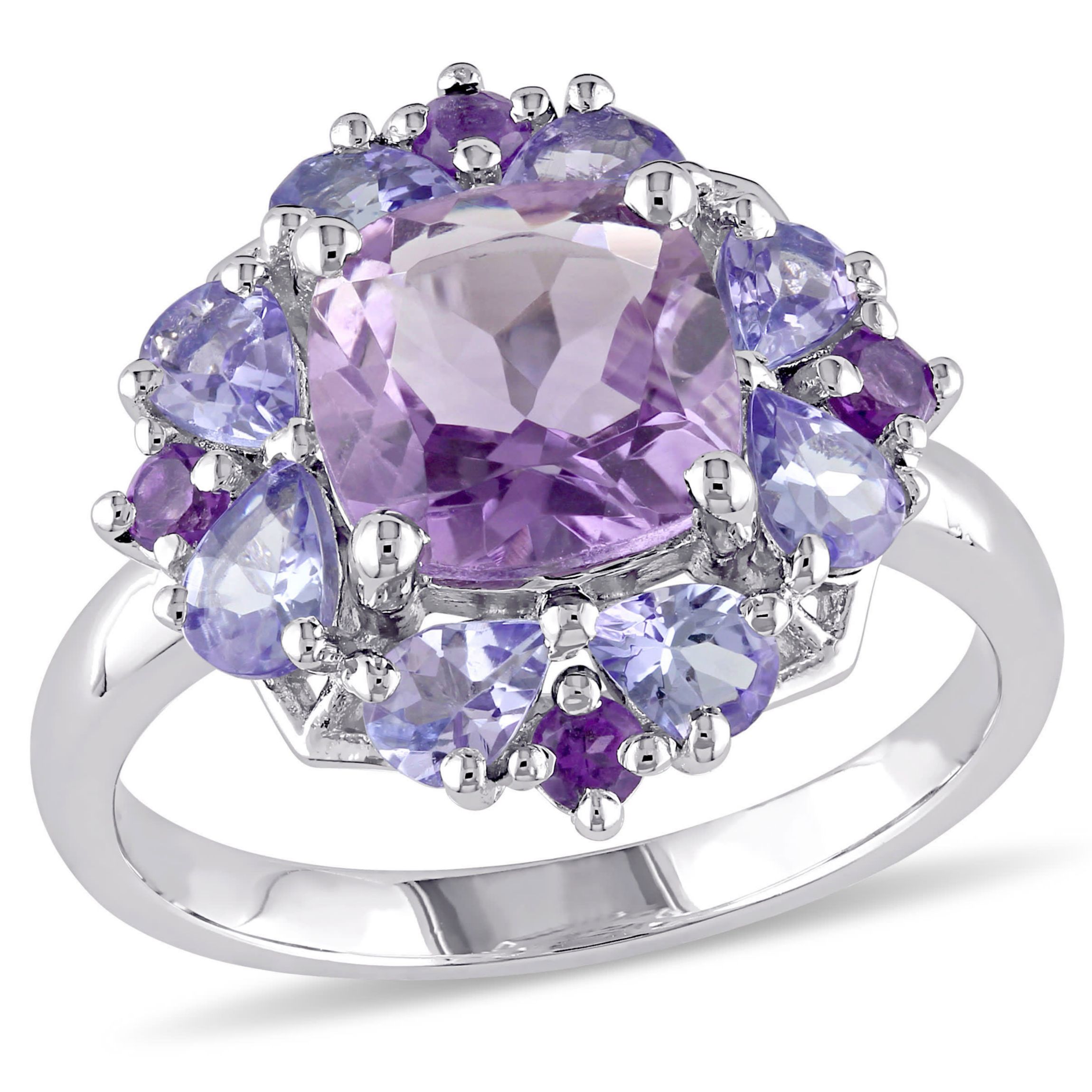 Amethyst and Tanzanite Floral Cluster Ring in Sterling Silver