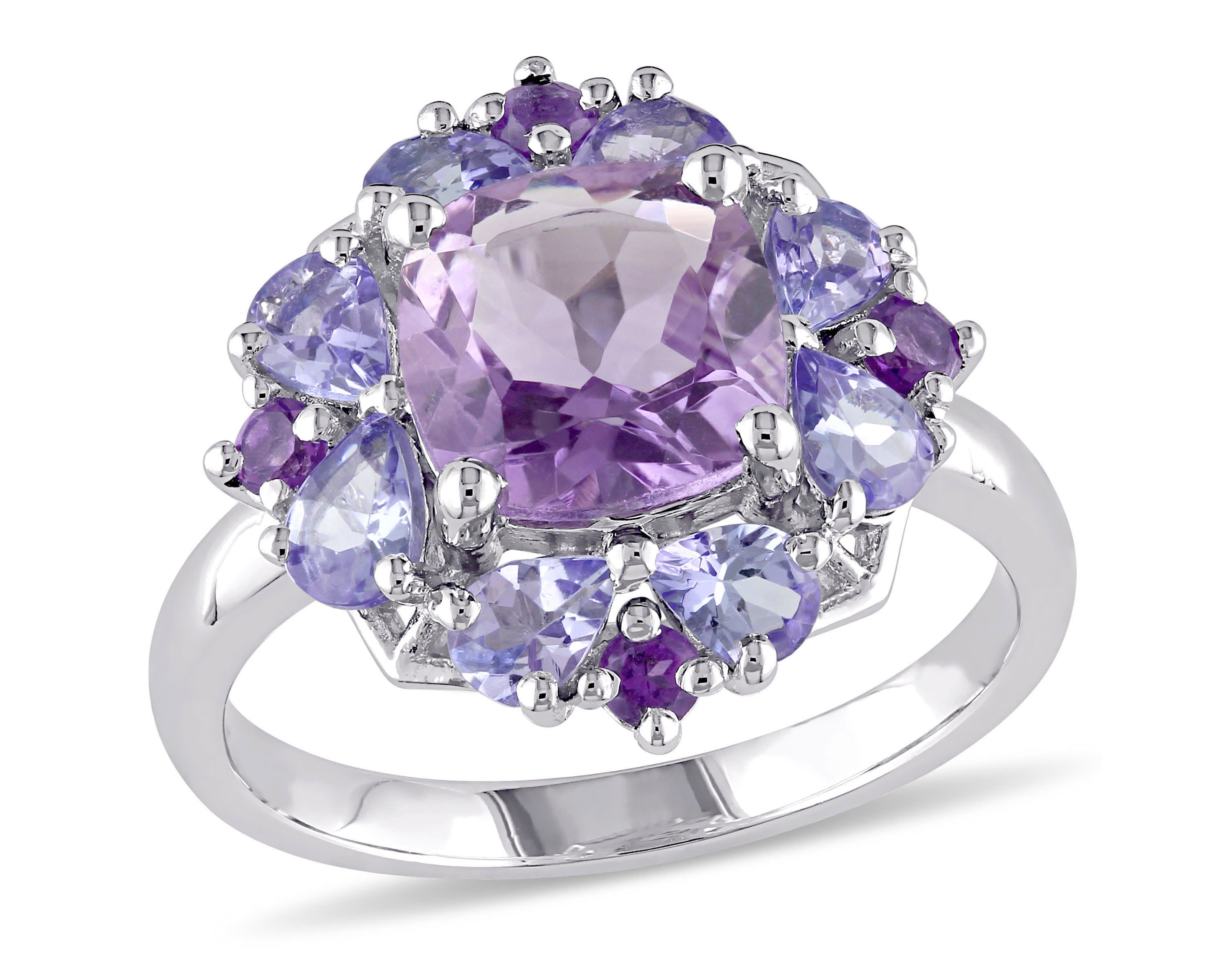 Amethyst and Tanzanite Floral Cluster Ring in Sterling Silver