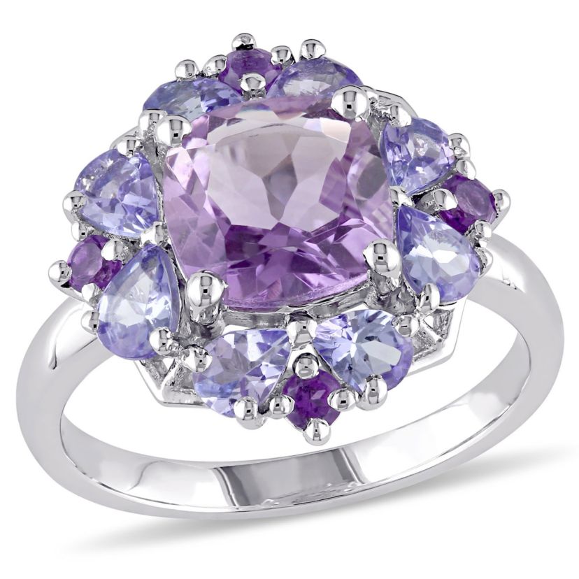 Amethyst and Tanzanite Floral Cluster Ring in Sterling Silver