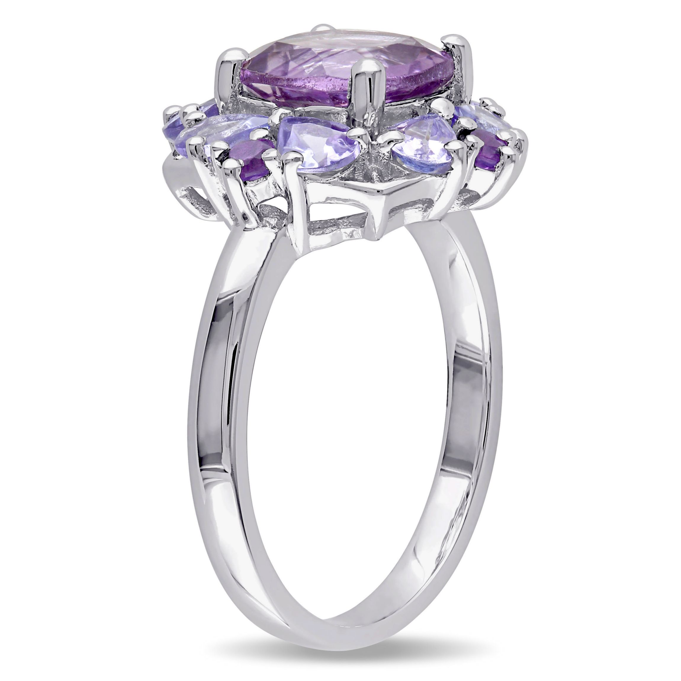 Amethyst and Tanzanite Floral Cluster Ring in Sterling Silver
