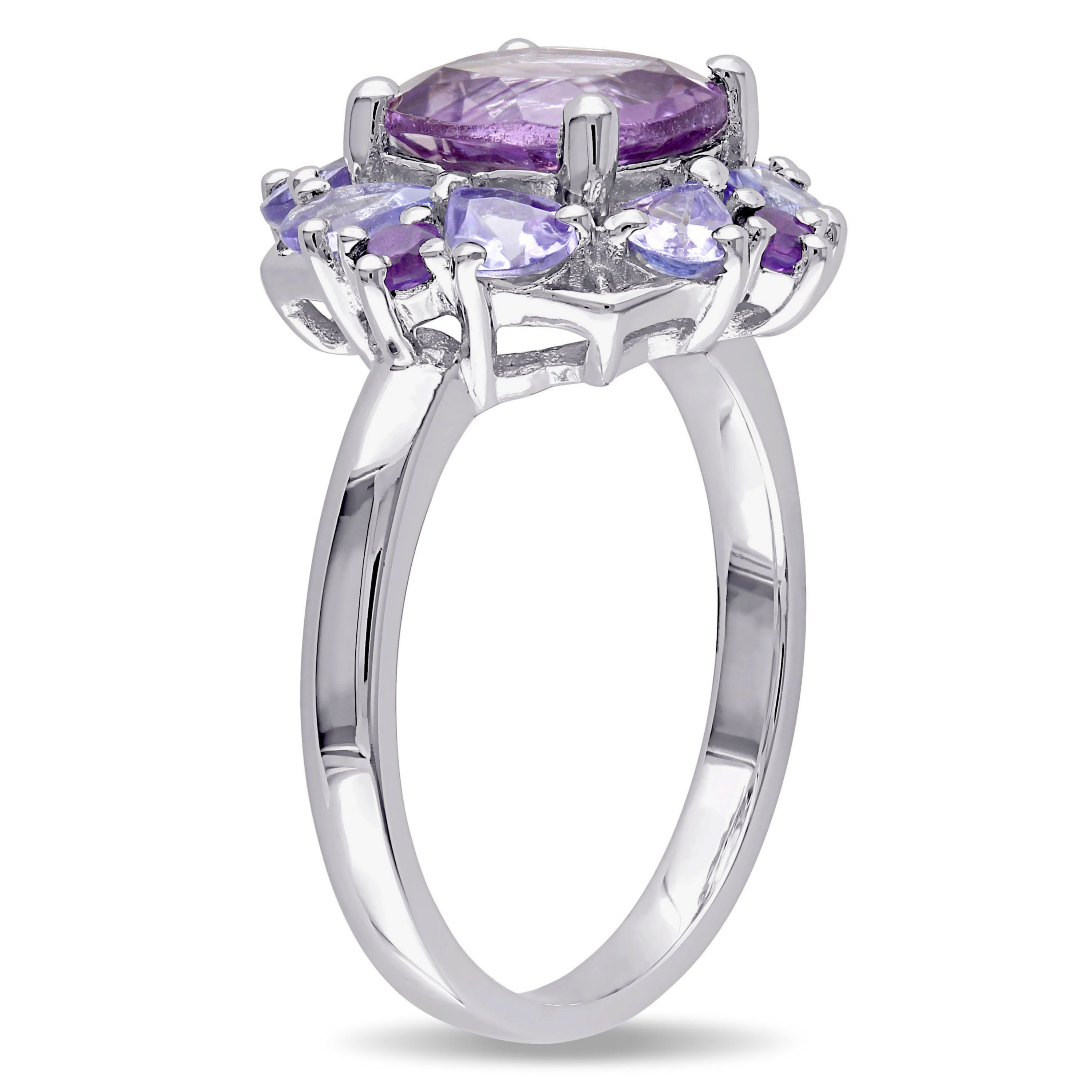 Amethyst and Tanzanite Floral Cluster Ring in Sterling Silver