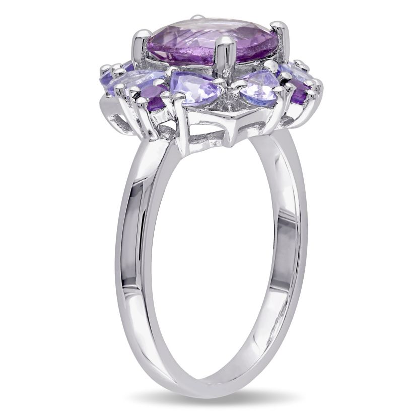 Amethyst and Tanzanite Floral Cluster Ring in Sterling Silver