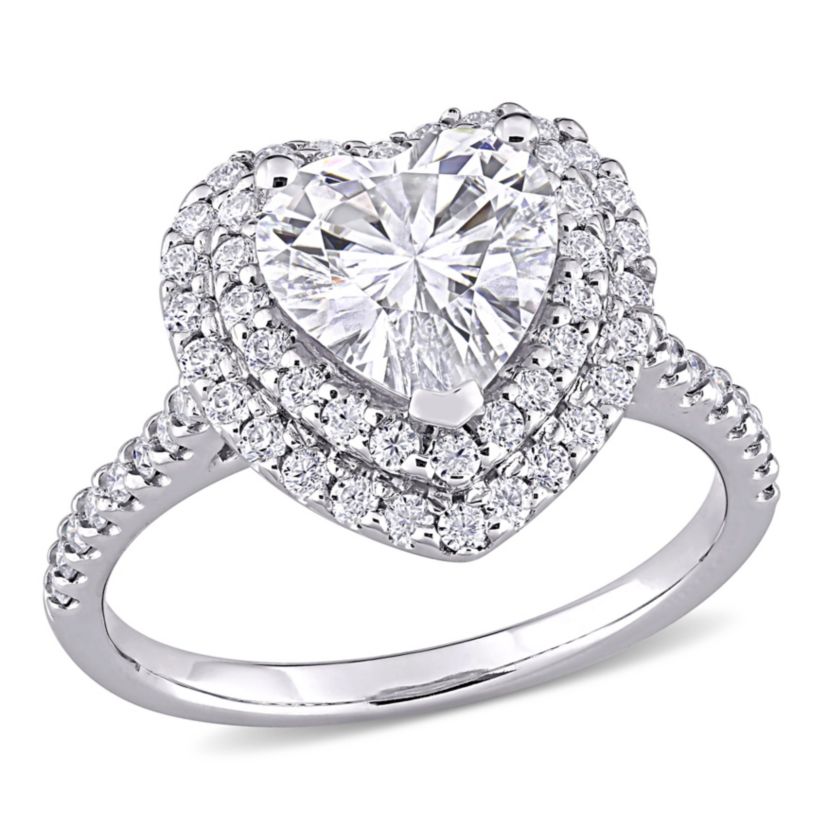 Lab Created Created Moissanite Double Heart Halo Engagement Ring in 10K White Gold