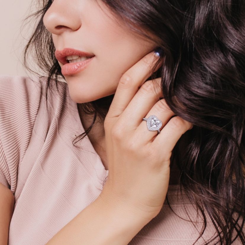 Lab Created Created Moissanite Double Heart Halo Engagement Ring in 10K White Gold
