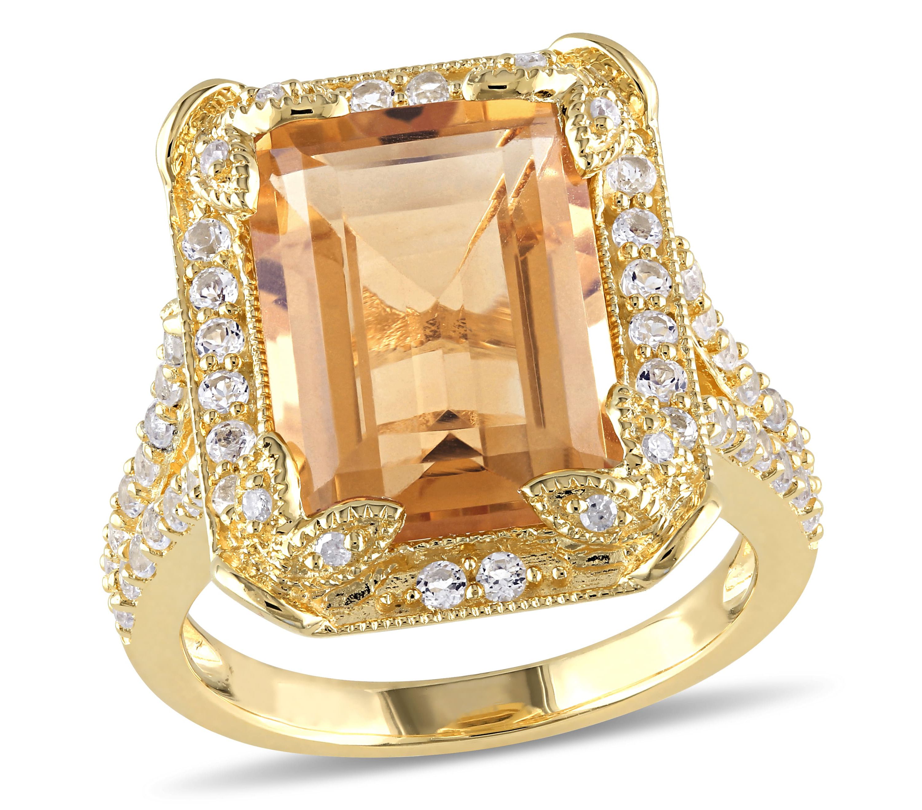 Citrine, White Topaz and Diamond Halo Leaf Split Shank Ring in Yellow Plated Sterling Silver