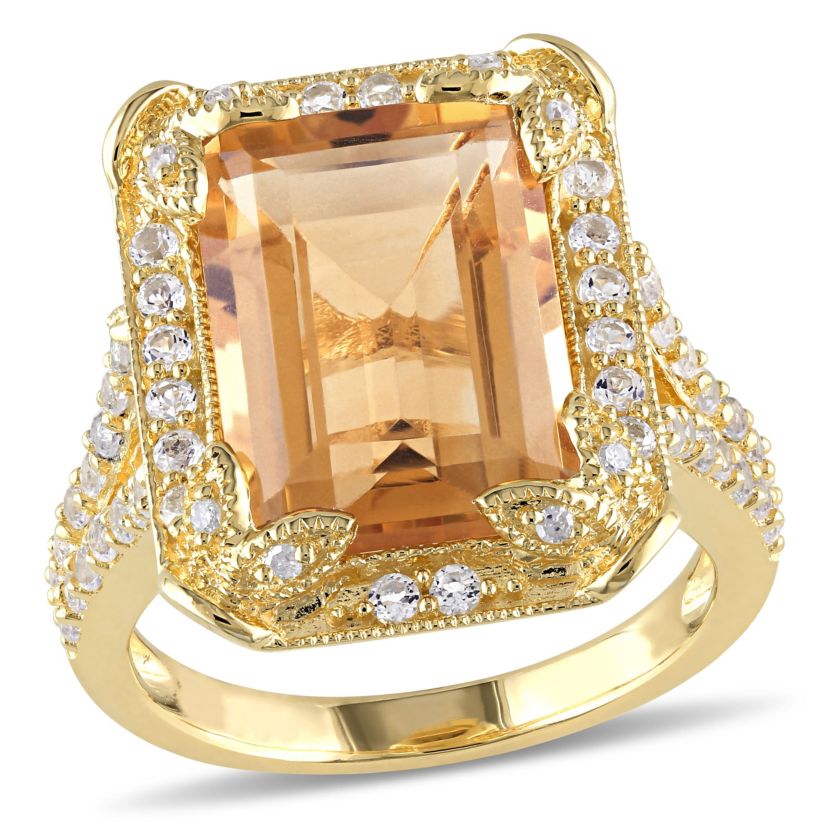 Citrine, White Topaz and Diamond Halo Leaf Split Shank Ring in Yellow Plated Sterling Silver