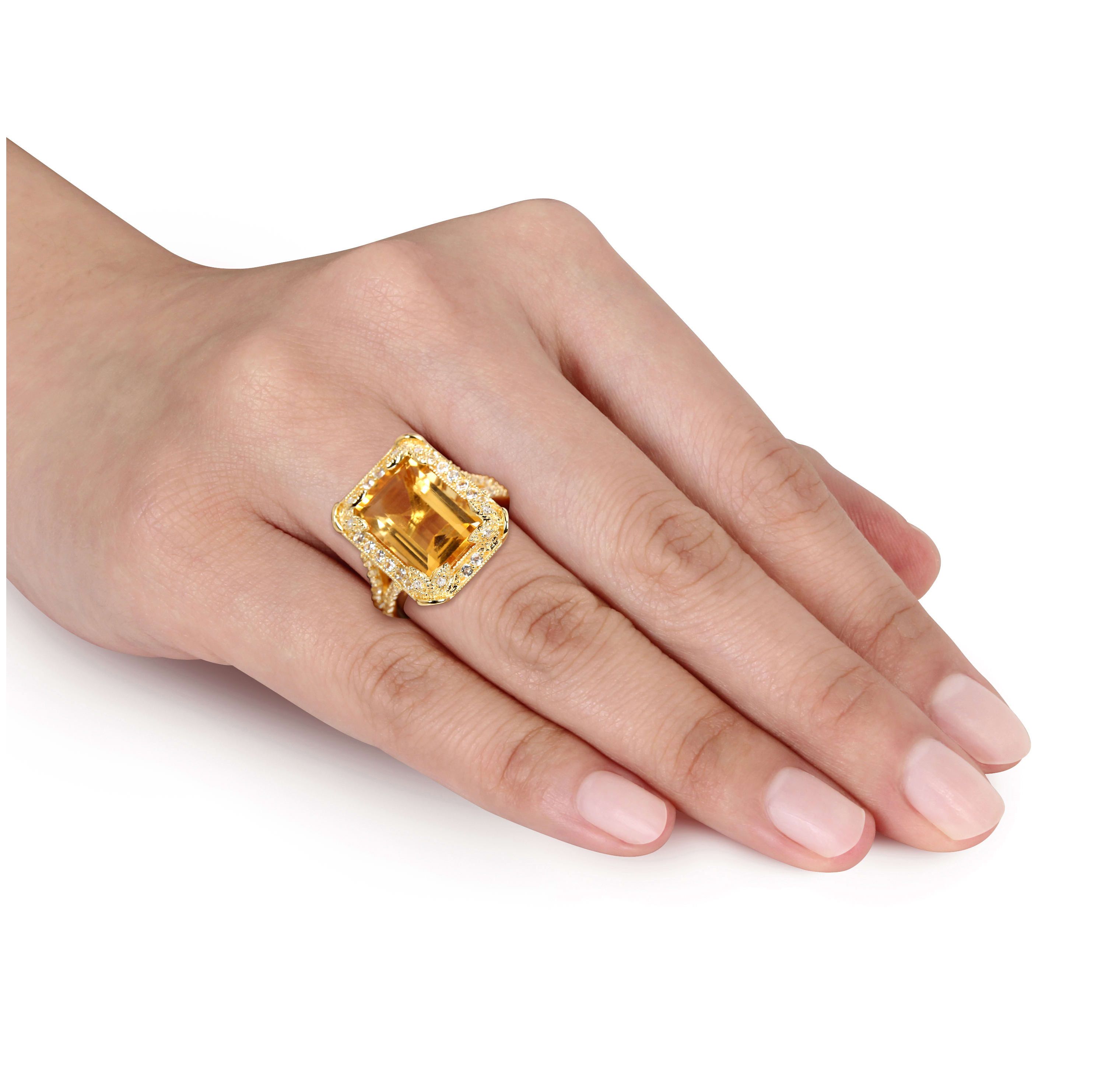 Citrine, White Topaz and Diamond Halo Leaf Split Shank Ring in Yellow Plated Sterling Silver
