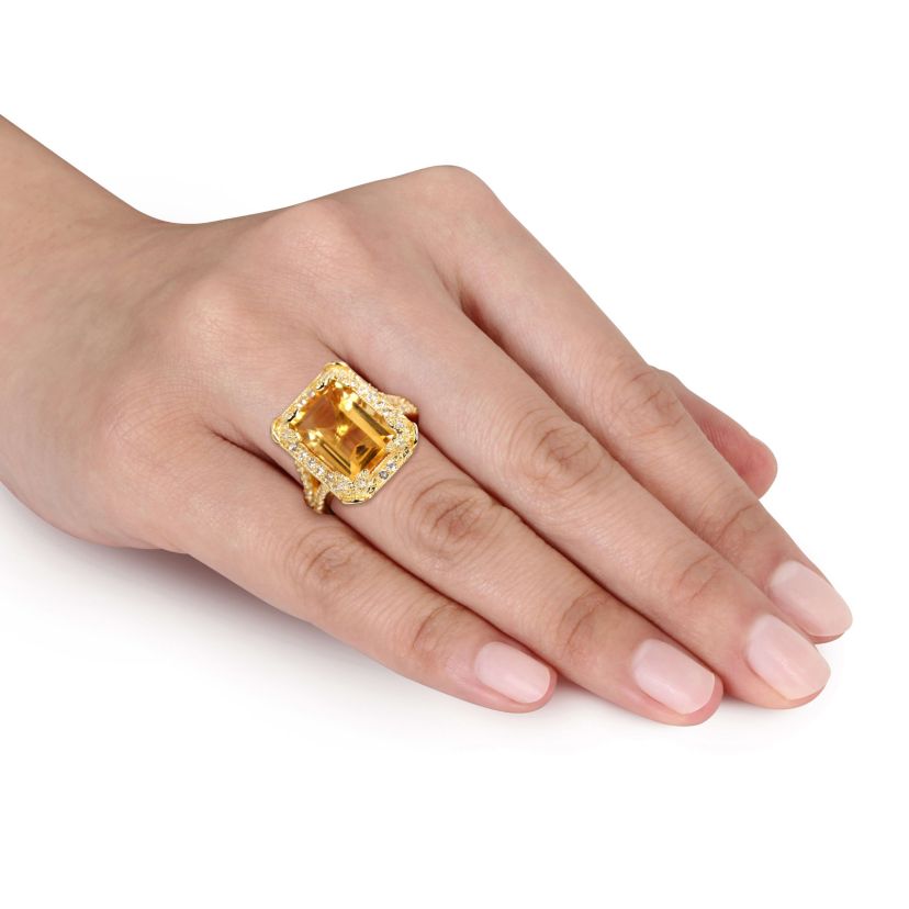 Citrine, White Topaz and Diamond Halo Leaf Split Shank Ring in Yellow Plated Sterling Silver