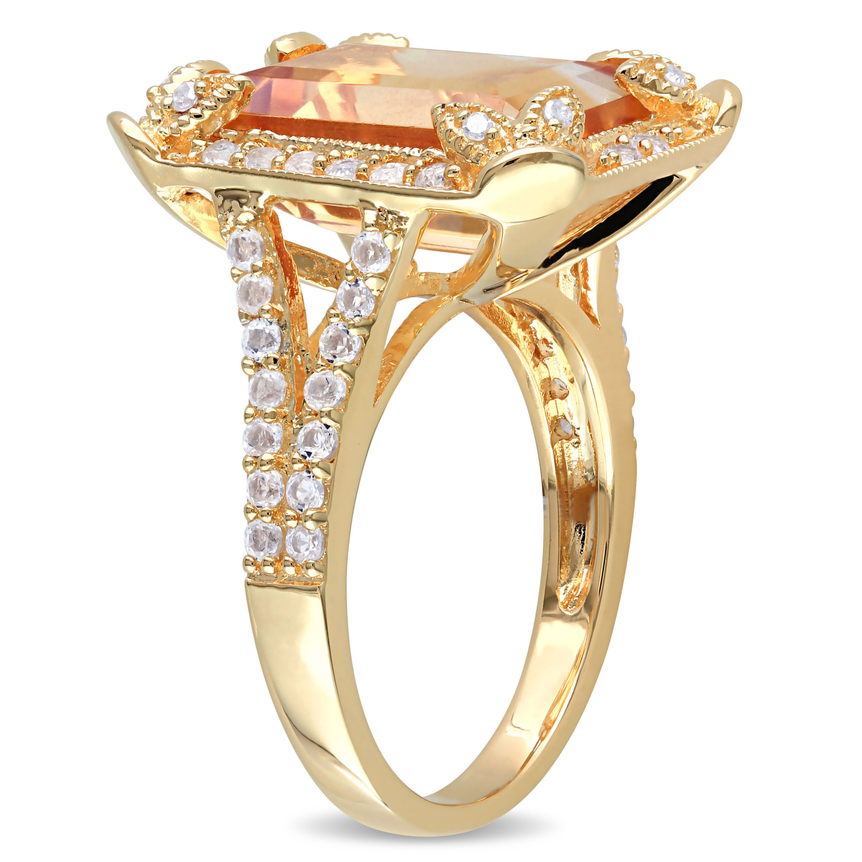 Citrine, White Topaz and Diamond Halo Leaf Split Shank Ring in Yellow Plated Sterling Silver