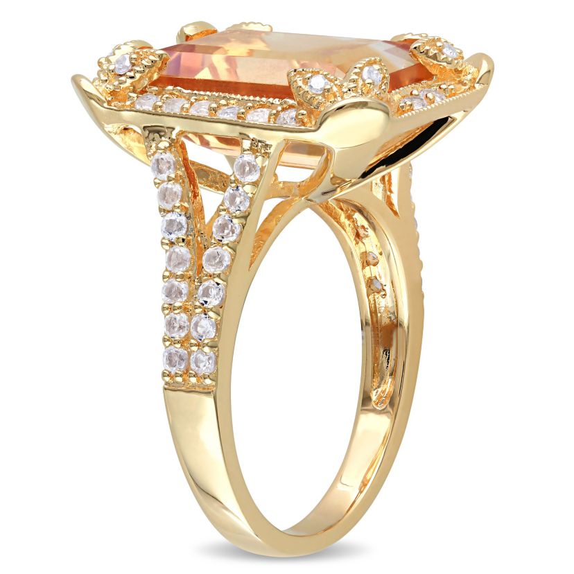 Citrine, White Topaz and Diamond Halo Leaf Split Shank Ring in Yellow Plated Sterling Silver