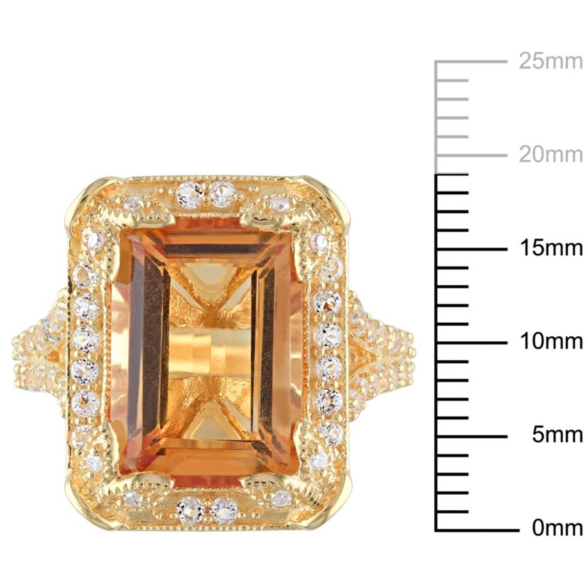 Citrine, White Topaz and Diamond Halo Leaf Split Shank Ring in Yellow Plated Sterling Silver