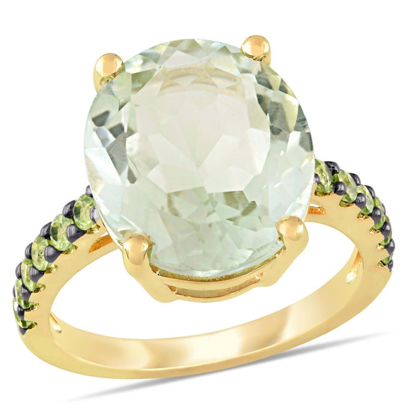 Green Quartz and Peridot Cocktail Ring in Yellow Sterling Silver with Black Rhodium Plated