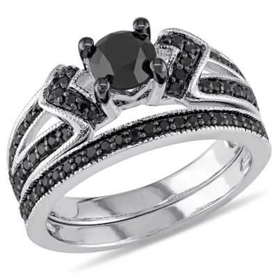Belk & Co 1.12 ct. t.w. Black Diamond Split Shank Bridal Ring Set in Sterling Silver with Black Rhodium Plated, White, 5.5