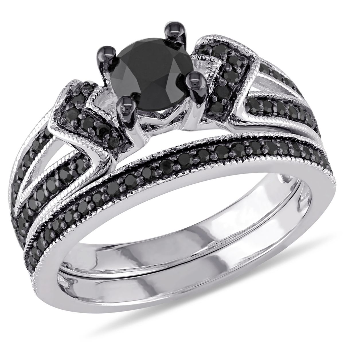 1.12 ct. t.w. Black Diamond Split Shank Bridal Ring Set in Sterling Silver with Black Rhodium Plated