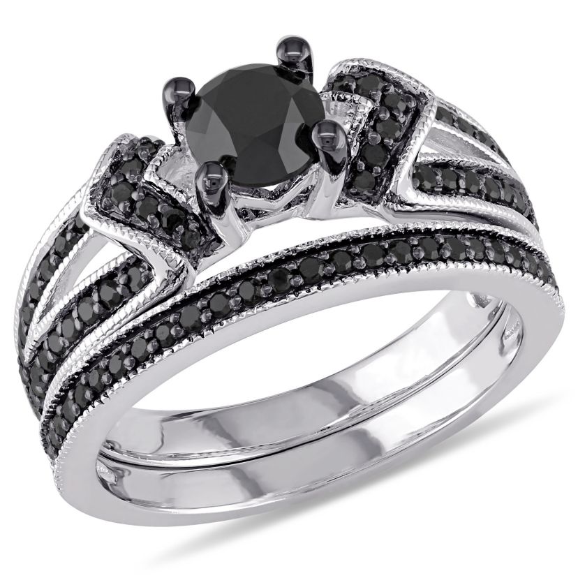 1.12 ct. t.w. Black Diamond Split Shank Bridal Ring Set in Sterling Silver with Black Rhodium Plated