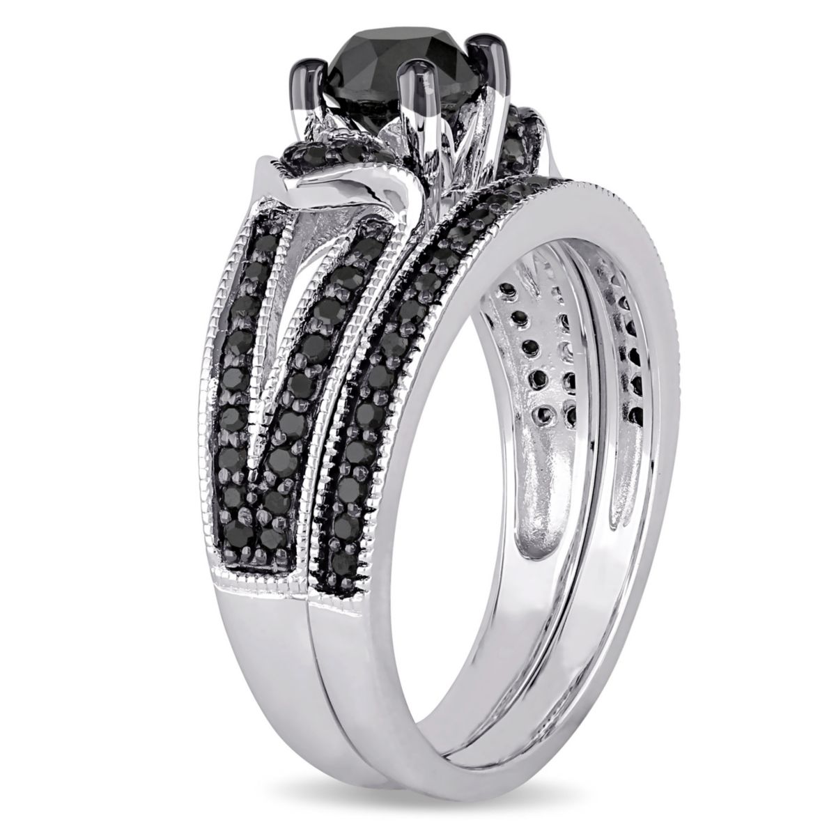 1.12 ct. t.w. Black Diamond Split Shank Bridal Ring Set in Sterling Silver with Black Rhodium Plated