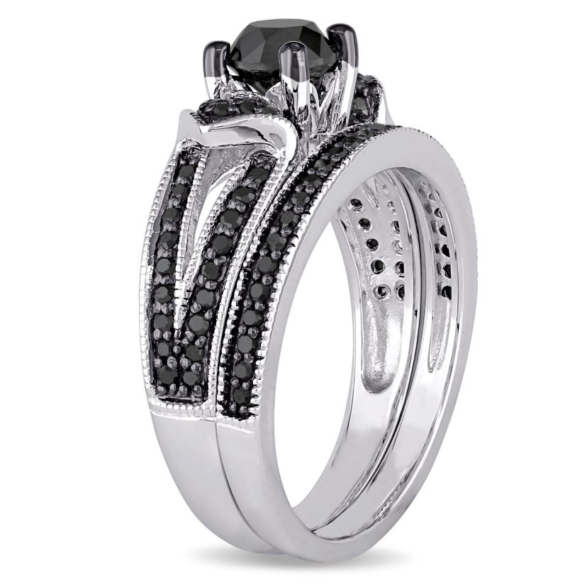 1.12 ct. t.w. Black Diamond Split Shank Bridal Ring Set in Sterling Silver with Black Rhodium Plated