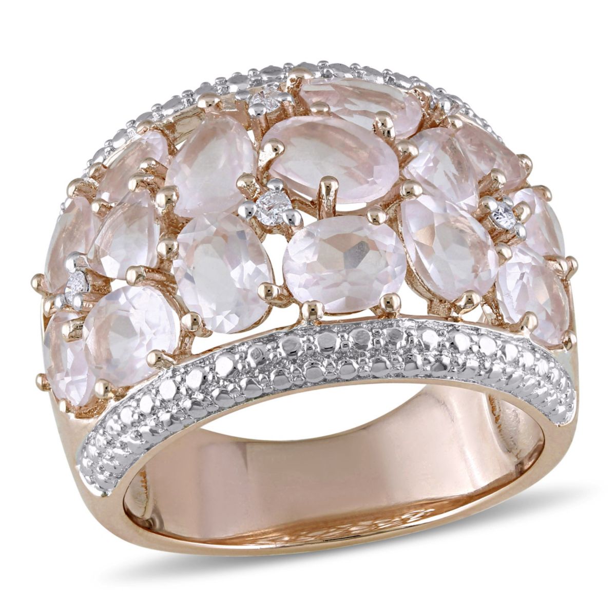 Rose Quartz and Diamond Accent Floral Ring in Rose Plated Sterling Silver