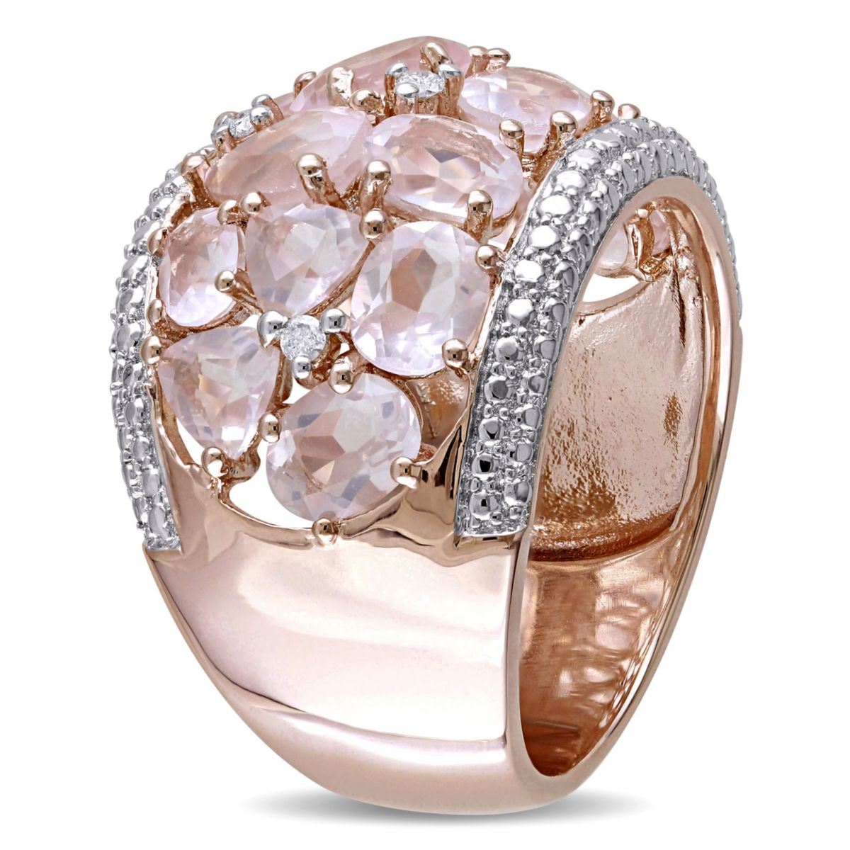 Rose Quartz and Diamond Accent Floral Ring in Rose Plated Sterling Silver