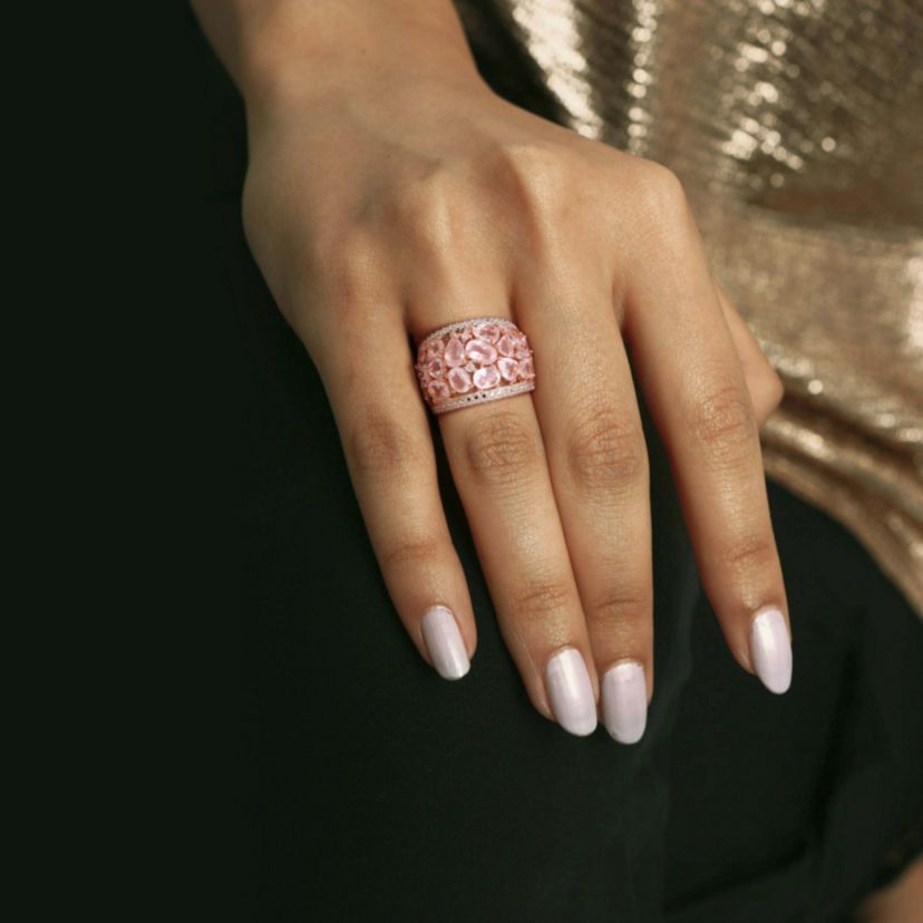 Rose Quartz and Diamond Accent Floral Ring in Rose Plated Sterling Silver
