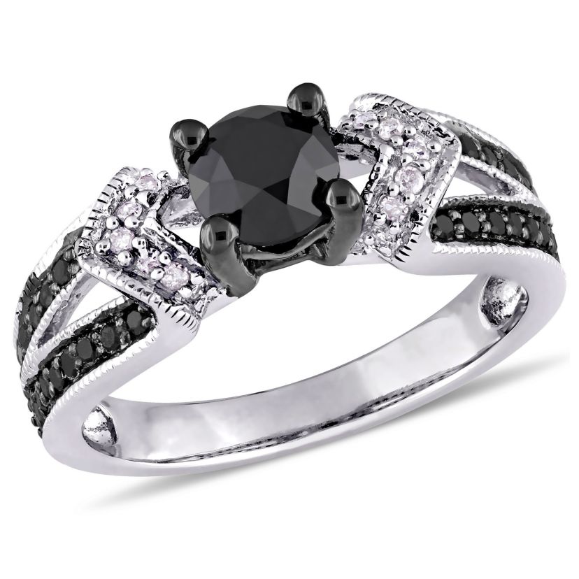 1 ct. t.w. Black and White Diamond Split Shank Engagement Ring in Sterling Silver with Black Rhodium