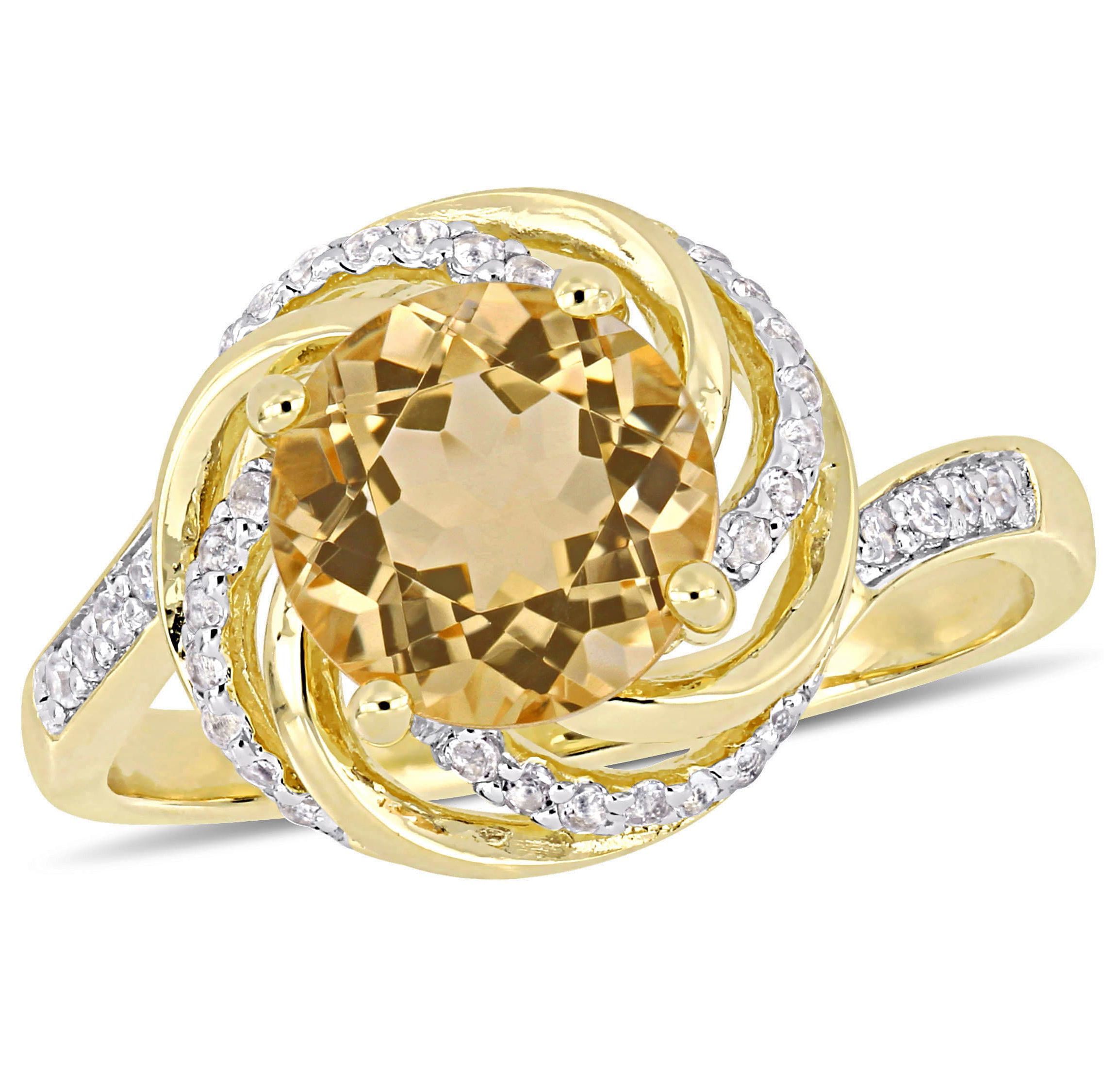 Citrine, White Topaz and Diamond Accent Swirl Ring in Yellow Plated Sterling Silver