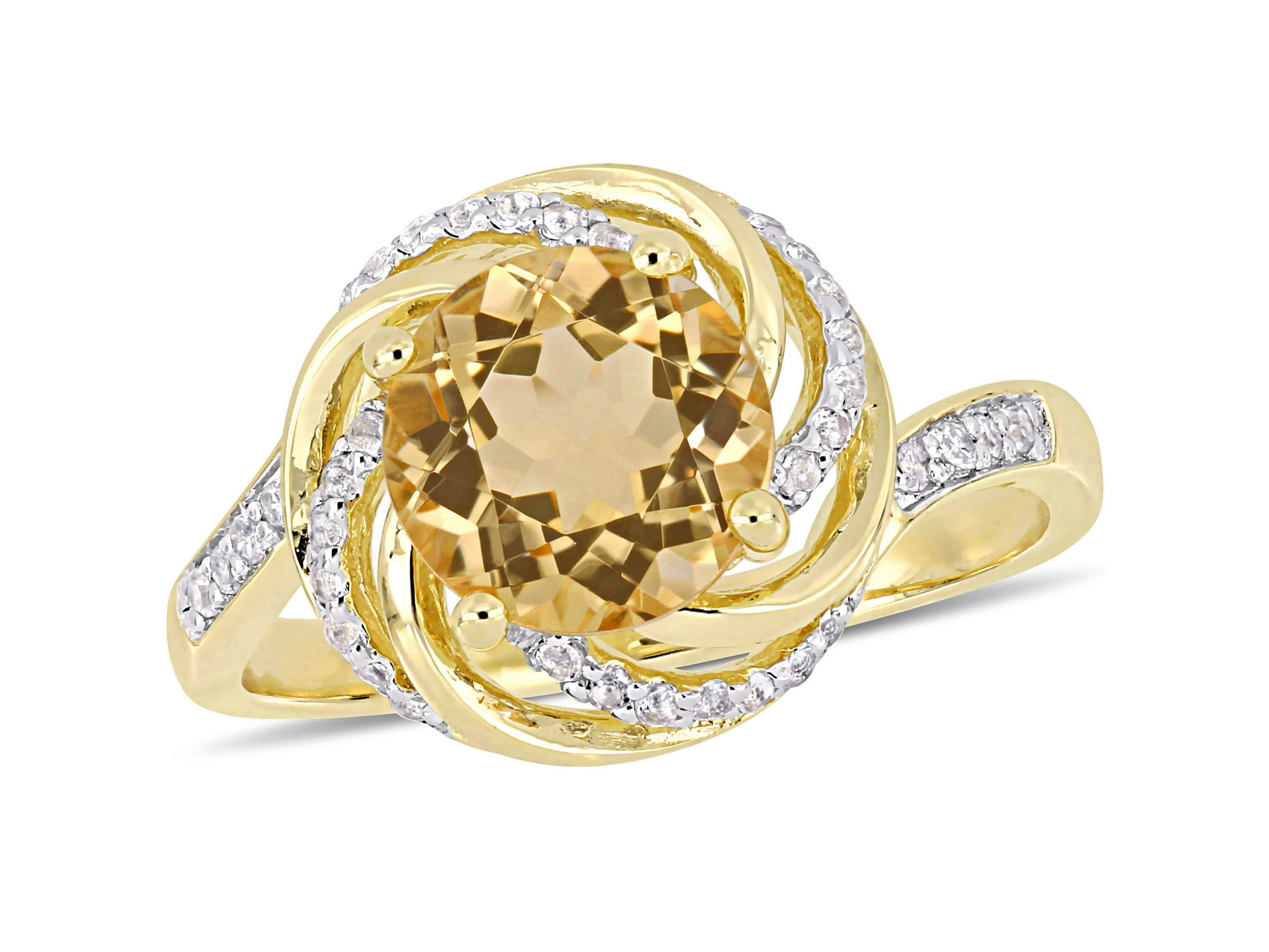 Citrine, White Topaz and Diamond Accent Swirl Ring in Yellow Plated Sterling Silver