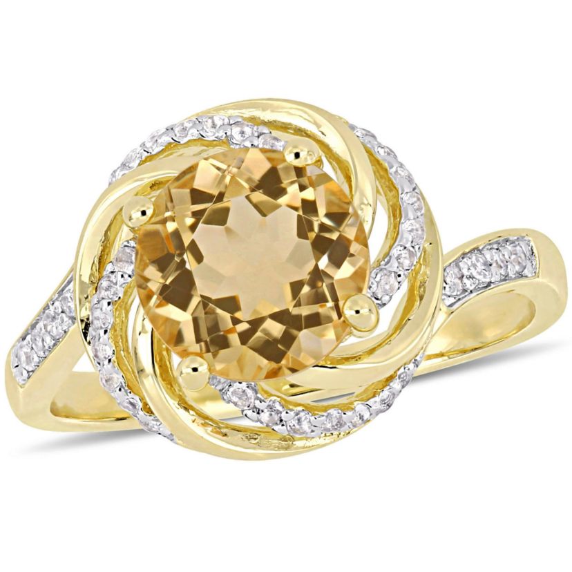 Citrine, White Topaz and Diamond Accent Swirl Ring in Yellow Plated Sterling Silver