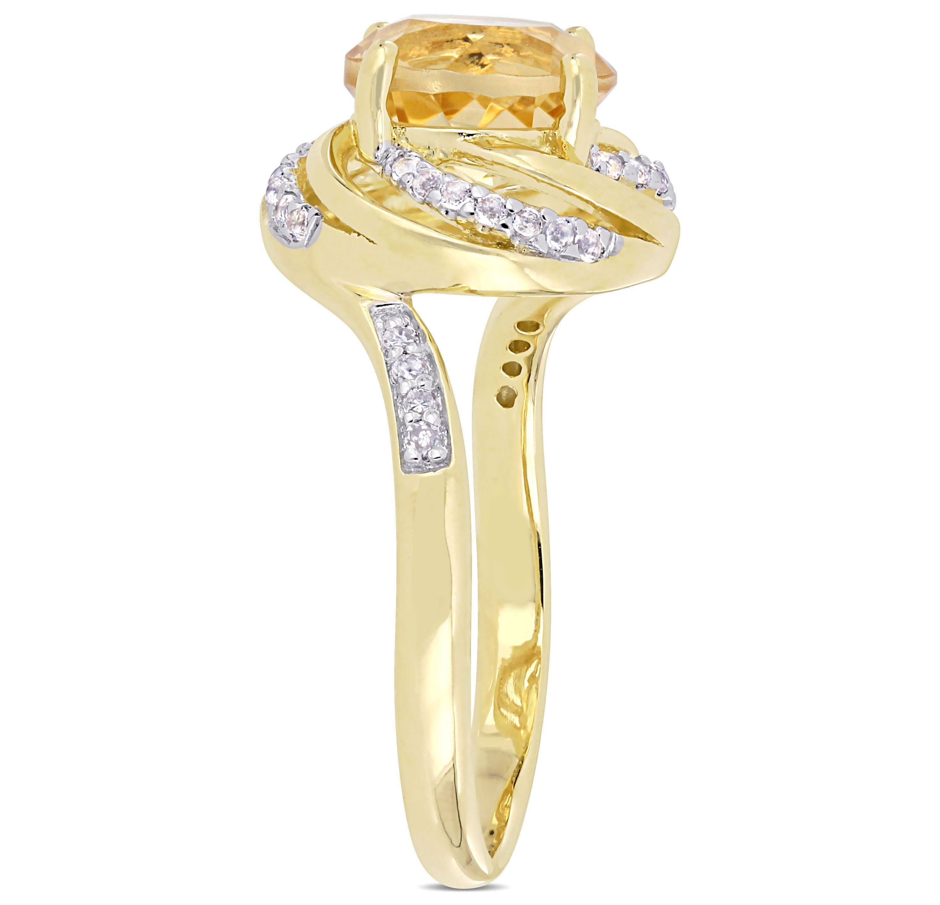 Citrine, White Topaz and Diamond Accent Swirl Ring in Yellow Plated Sterling Silver