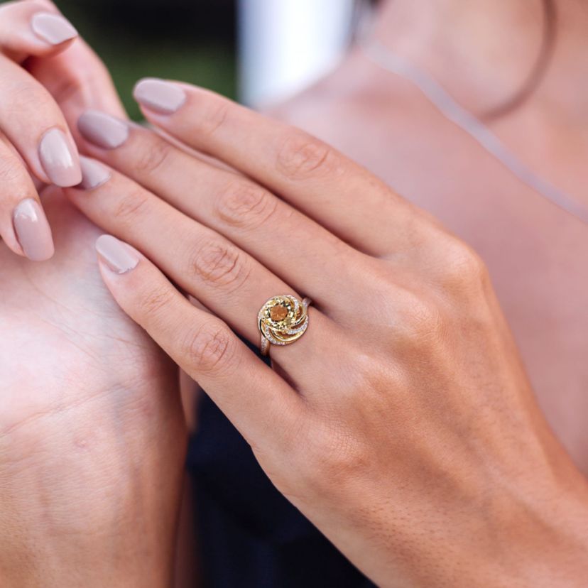Citrine, White Topaz and Diamond Accent Swirl Ring in Yellow Plated Sterling Silver
