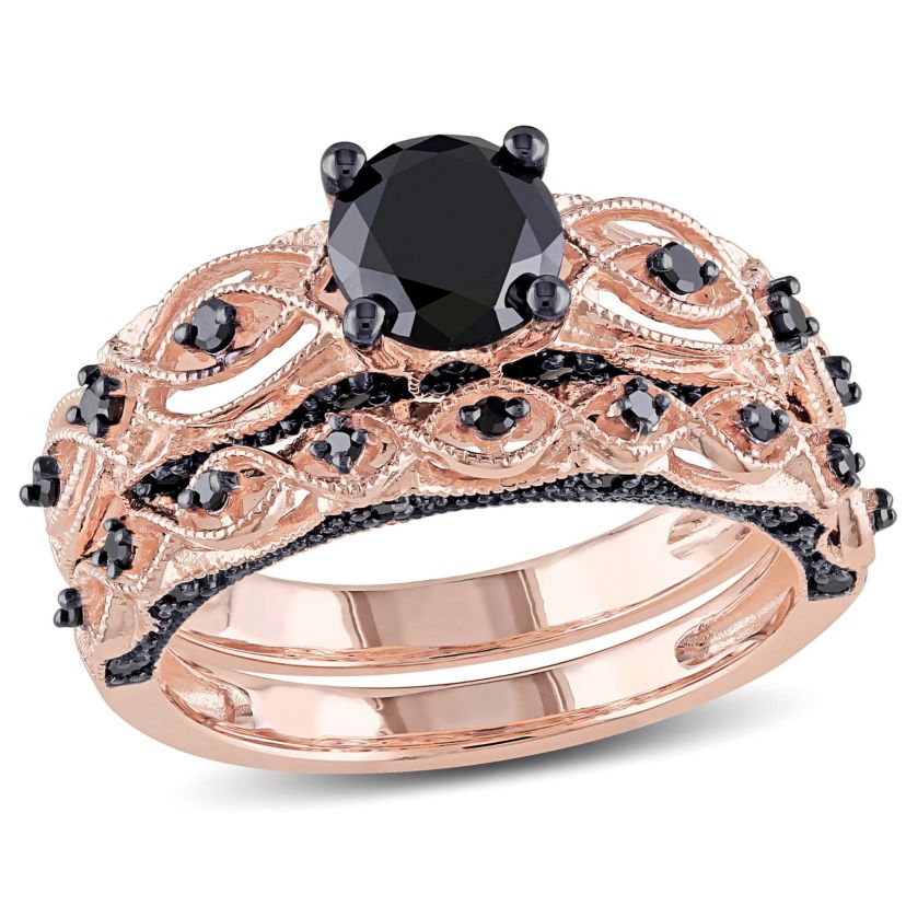 1.39 ct. t.w. Black Diamond Bridal Ring Set in 10K Rose Gold with Black Rhodium Plated