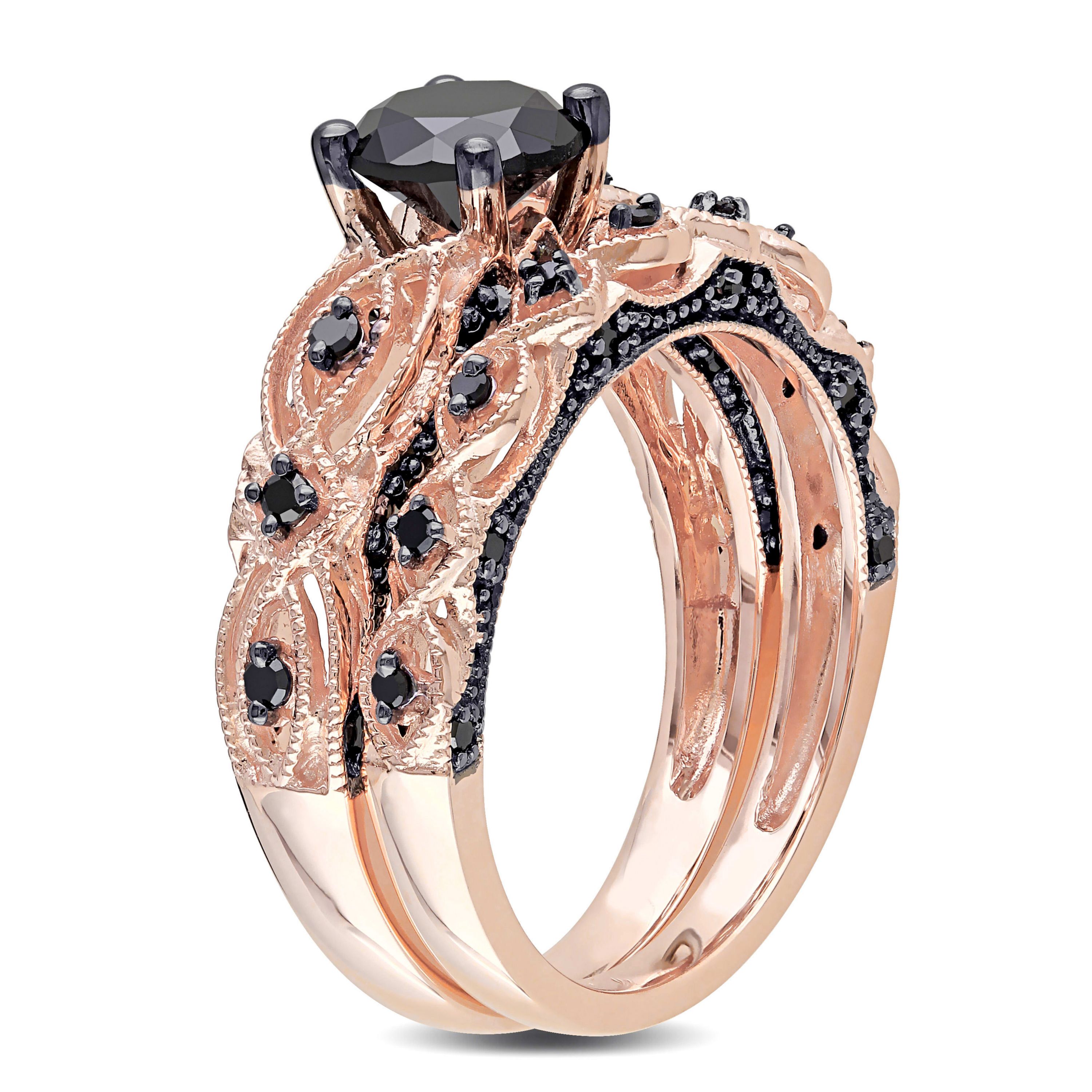 1.39 ct. t.w. Black Diamond Bridal Ring Set in 10K Rose Gold with Black Rhodium Plated