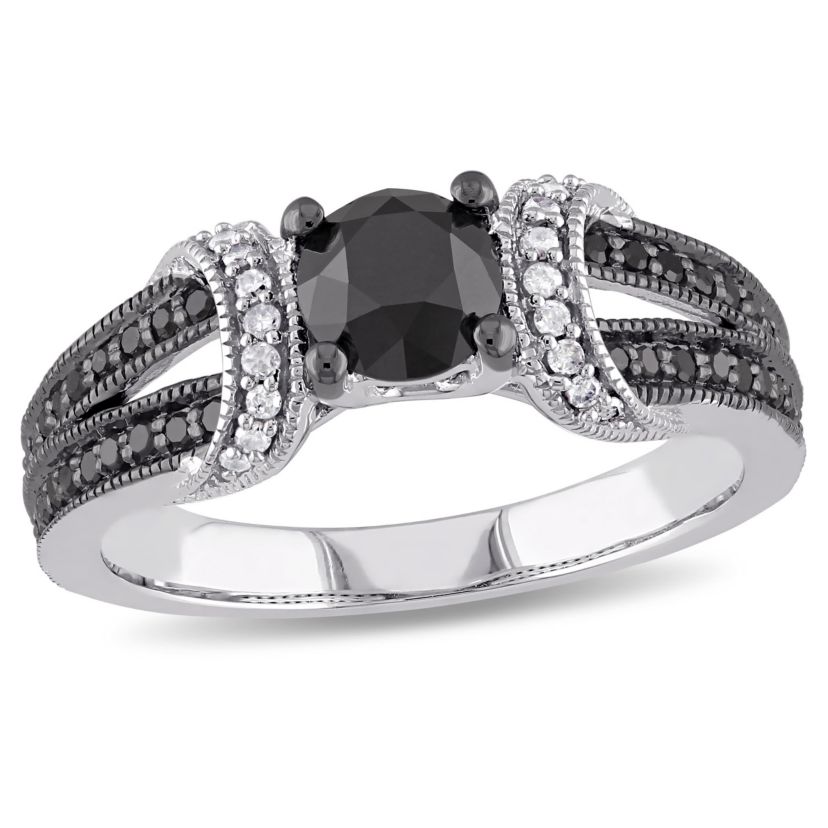 1 ct. t.w. Black and White Diamond Split Shank Vintage Engagement Ring in 10K White Gold