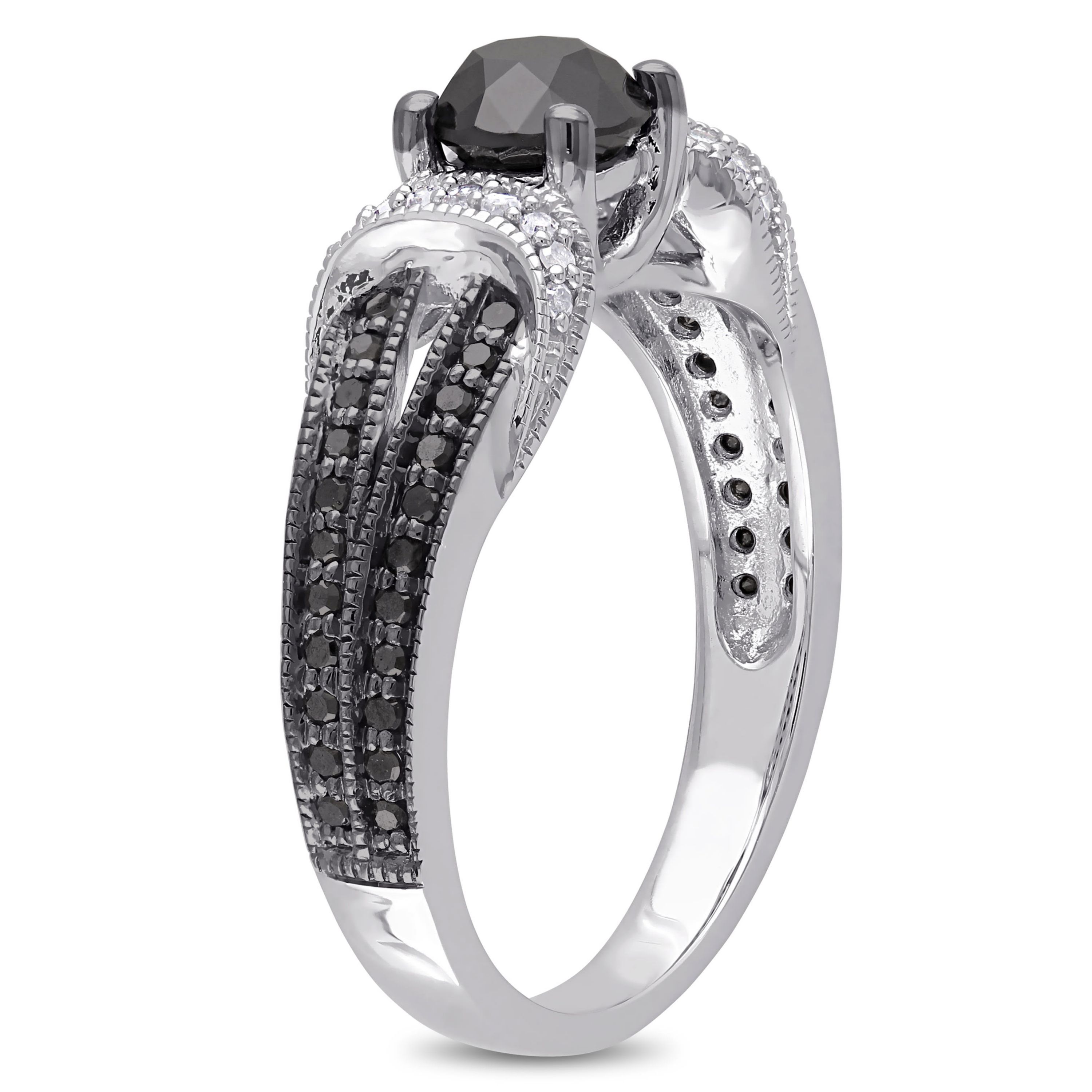 1 ct. t.w. Black and White Diamond Split Shank Vintage Engagement Ring in 10K White Gold