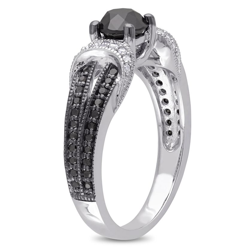 1 ct. t.w. Black and White Diamond Split Shank Vintage Engagement Ring in 10K White Gold