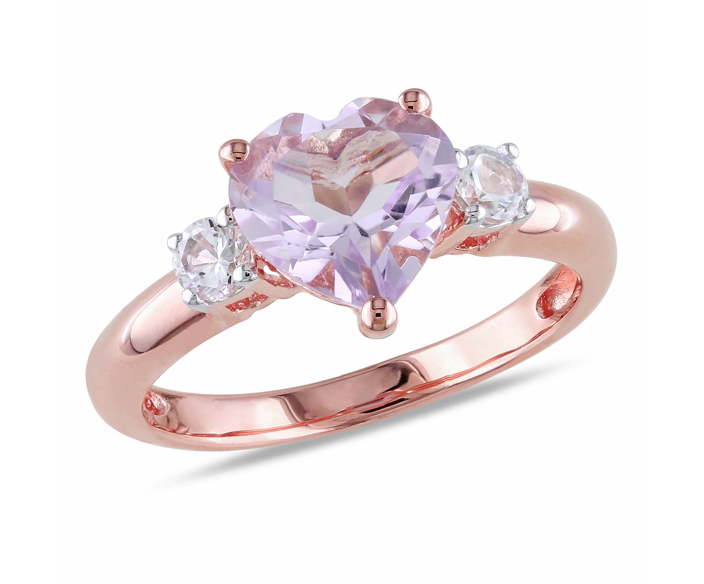 Lab Created Rose de France and Created White Sapphire Heart Ring in Rose Plated Sterling Silver